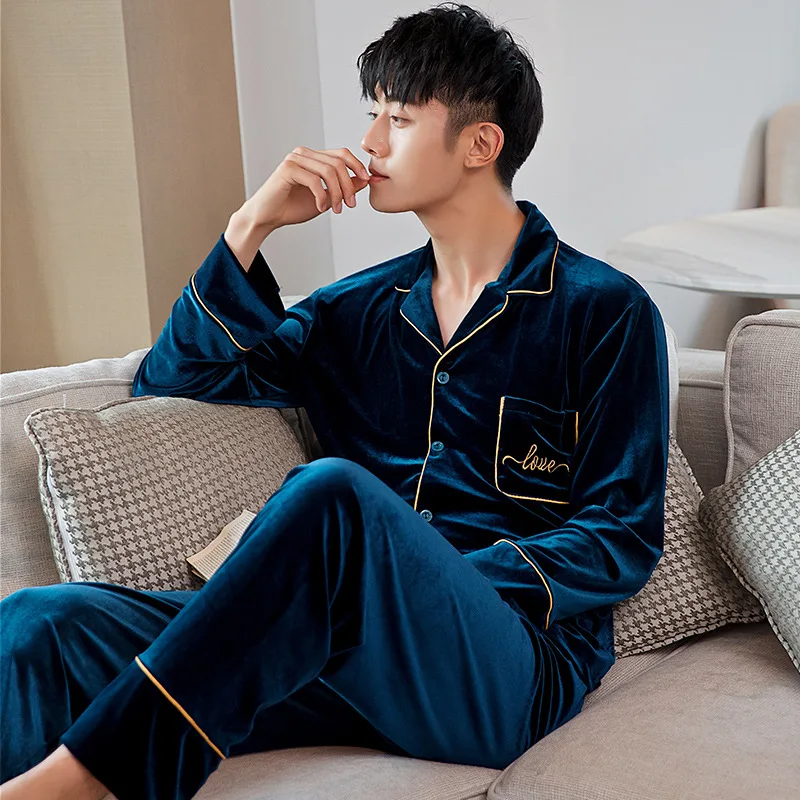 

Velour Embroidery Letter Man Pajamas Sets 2PCS Full Sleeve Sleepwear Fall Winter Warm Nightwear Cardigan Male Pyjamas Home Wear