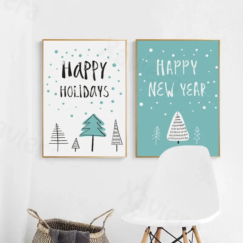 Рождественская Скандинавская мультяшная елка холст живопись сине-белый