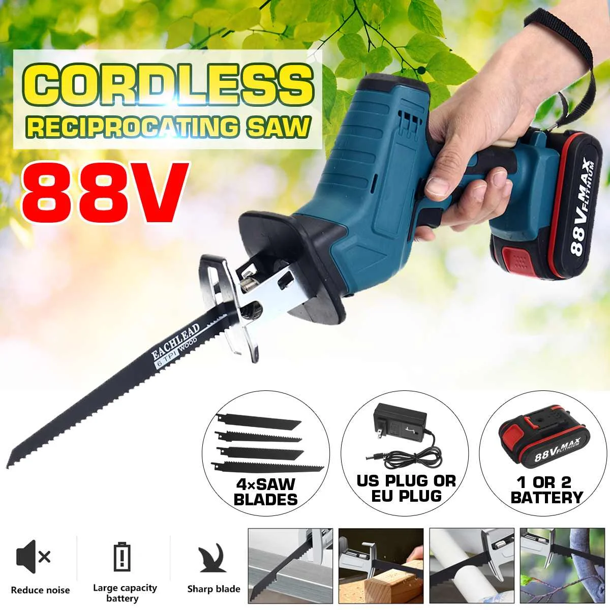 

88V Cordless Reciprocating Saw Electric Saw with 4 Blades For Wood Metal Chain Saws Cutting Power Tool with 1/2 Battery