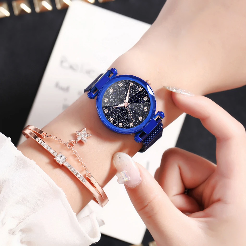 Женские часы с магнитной пряжкой и квадратным бриллиантом звездное небо