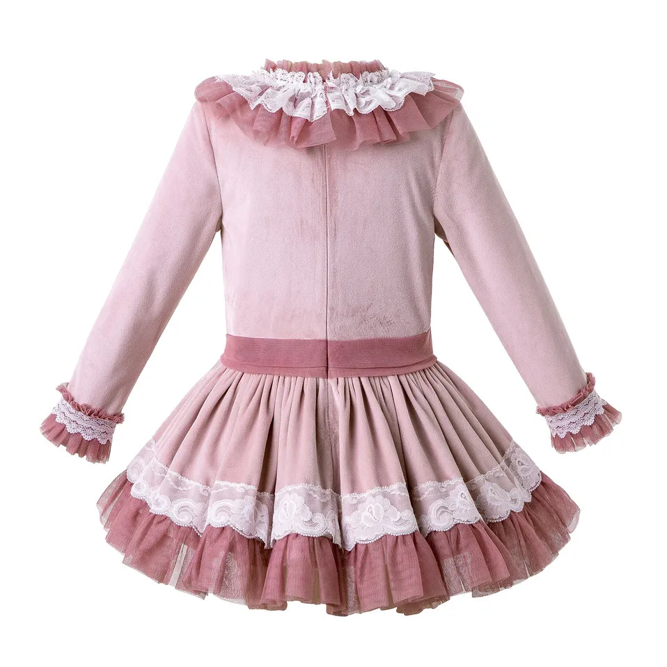Pettigirl Pink Girl Dresses Handmade Flower Tulle Velvet Long Sleeve Wedding dresses Kids Baby Clothing With Hair Accessories | Детская