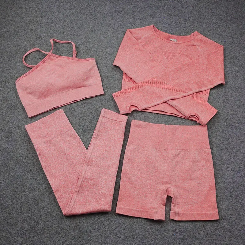 

Yuerlian Seamless Women Yoga Set Cross Sports Bra Long Sleeve Crop Top High Waist Yoga Pants Tight Shorts Fitness Suit Tracksuit