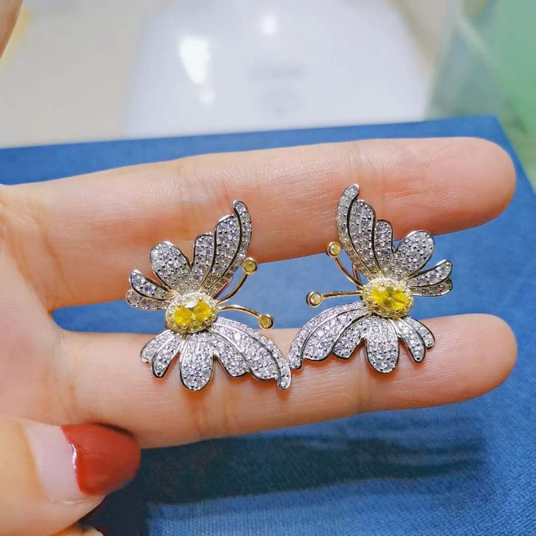 

925 sterling silver with cubic zircon butterfly stud earring yellow and white mixed color fine women jewelry free shipping