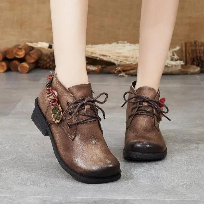 

Johnature Genuine Leather Retro Lace-up Platform Boots Women Shoes 2021 New Autumn Handmade Round Toe Flower Ankle Boots