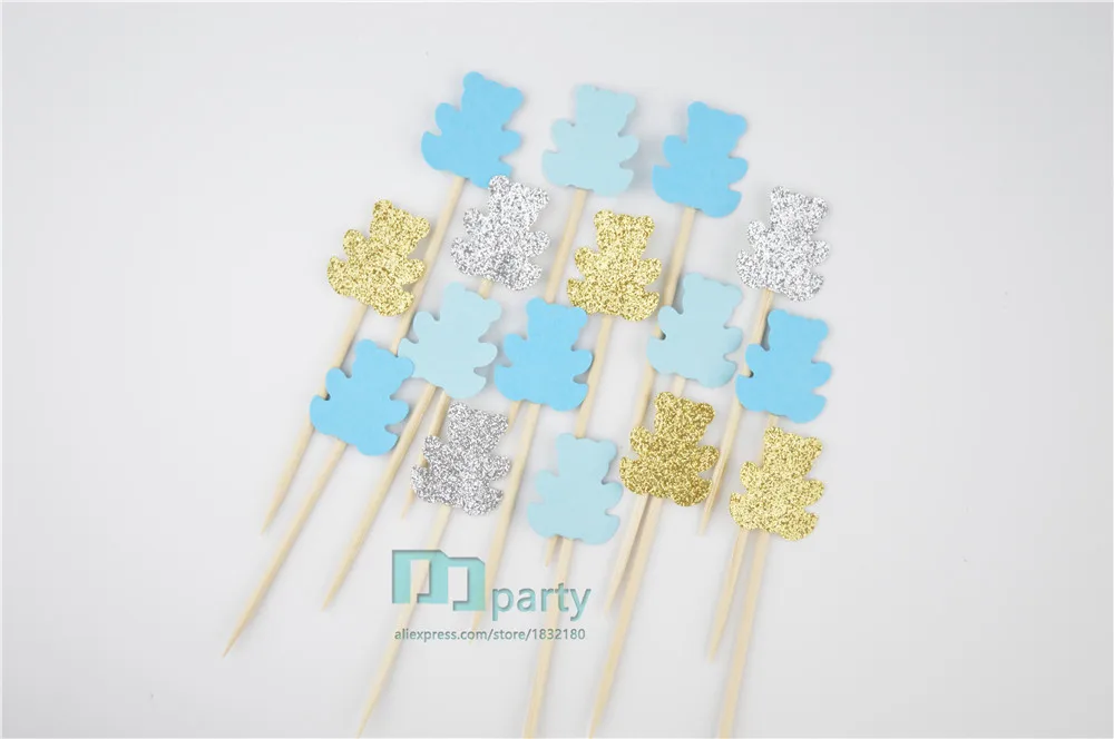 40 шт. медвежьих капкейков Детские топперы для душа синие бирки детского