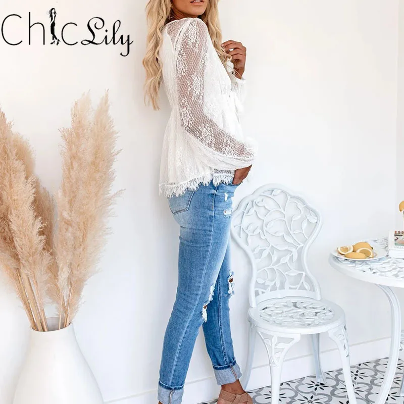 

Chiclily Lace Embroidery Stitching Bow Tie Long Sleeve Blouse Elegant Formal Embroidery White Shirts Office Lady Hollow Out Top