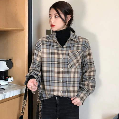 Блузка женская клетчатая с длинным рукавом и отложным воротником Ka391 | Женская