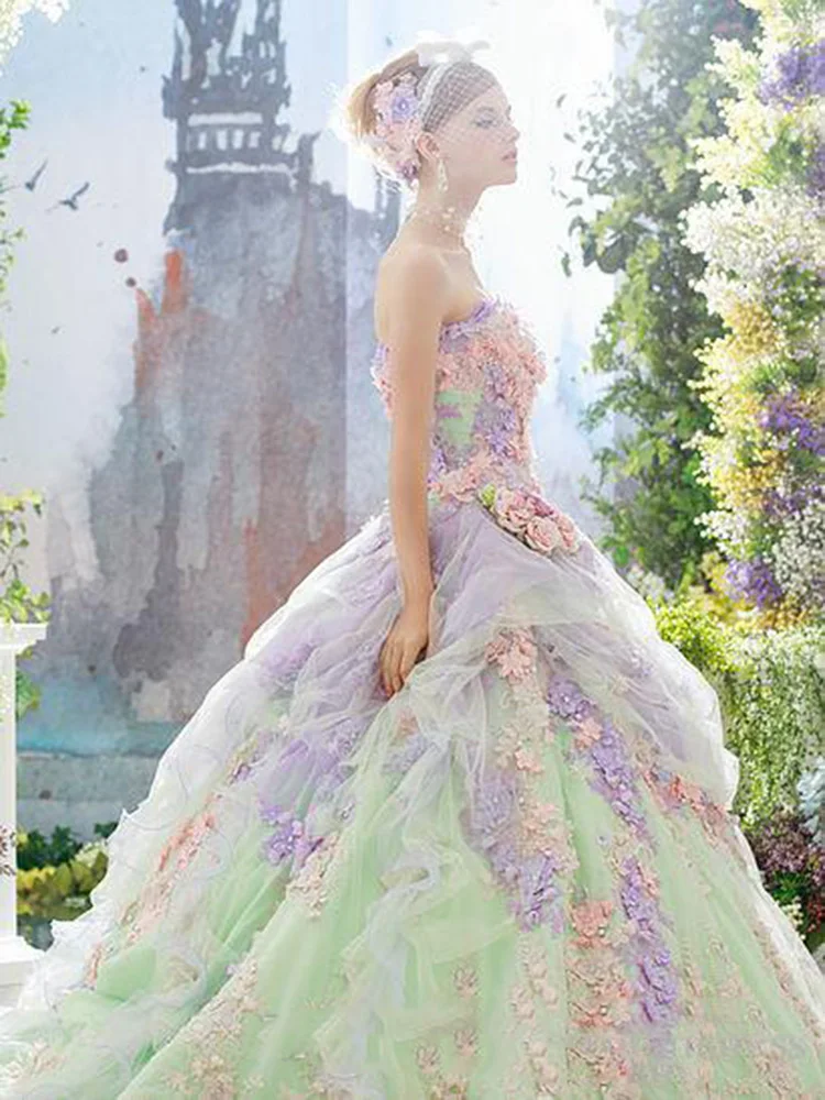 Colorful Flower Ball Gown Wedding Dresses Lace Applique Tulle Covered Lace Up Back Bridal Gowns Strapless Custom Made Wedding Dr