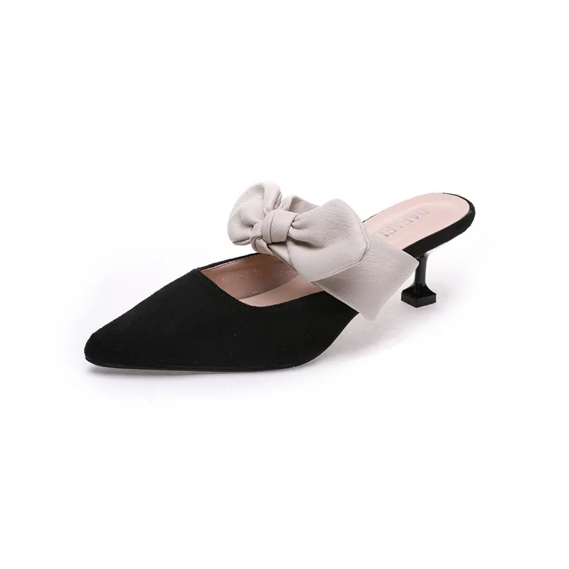 

2021 new large size Baotou half slippers fashion outer wear Korean version of sweet bow-knot pointed mid-heel ladies sandals