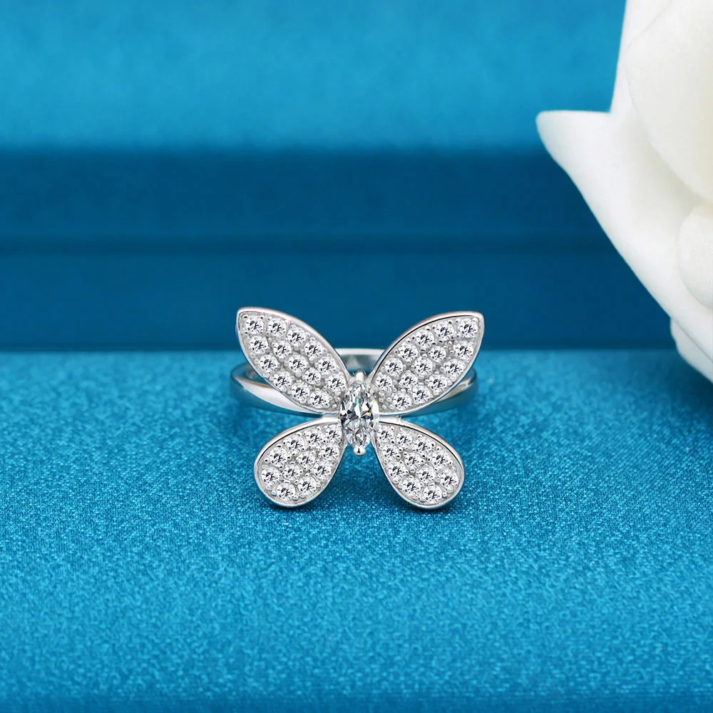 

3x6MM Simulated Moissanite Diamond Zircon Butterfly Wedding Engagement Ring Women Solid 925 Sterling Silver Fine Jewelry