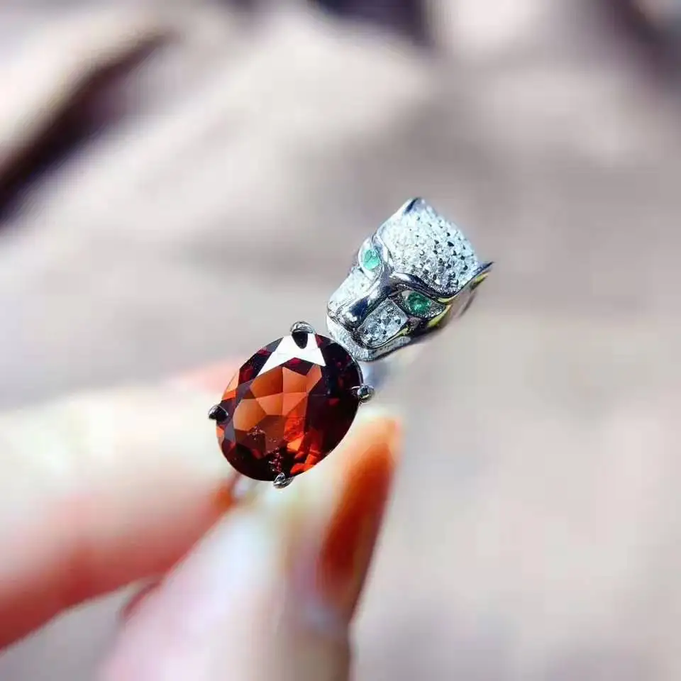 

Real S925 Sterling Silver Natural High Quality Garnet Leopard Head Shape Ring Fashion Fine Charm Jewelry for Women