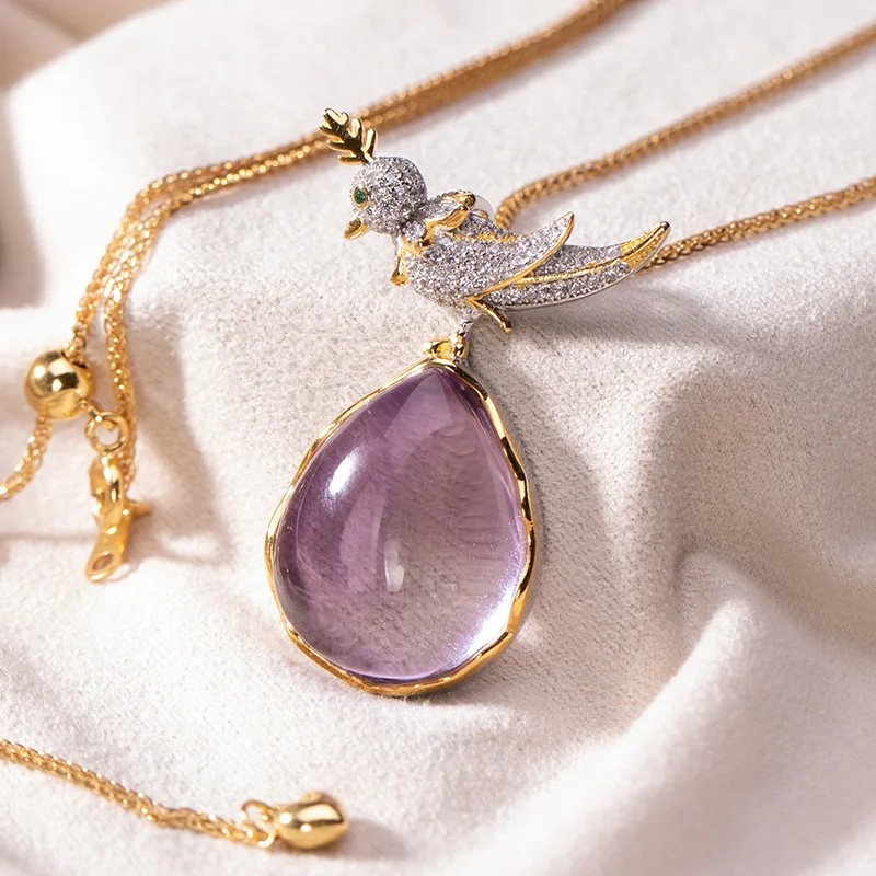 Leouerry большой натуральный аметистовый драгоченный камень ожерелье S925