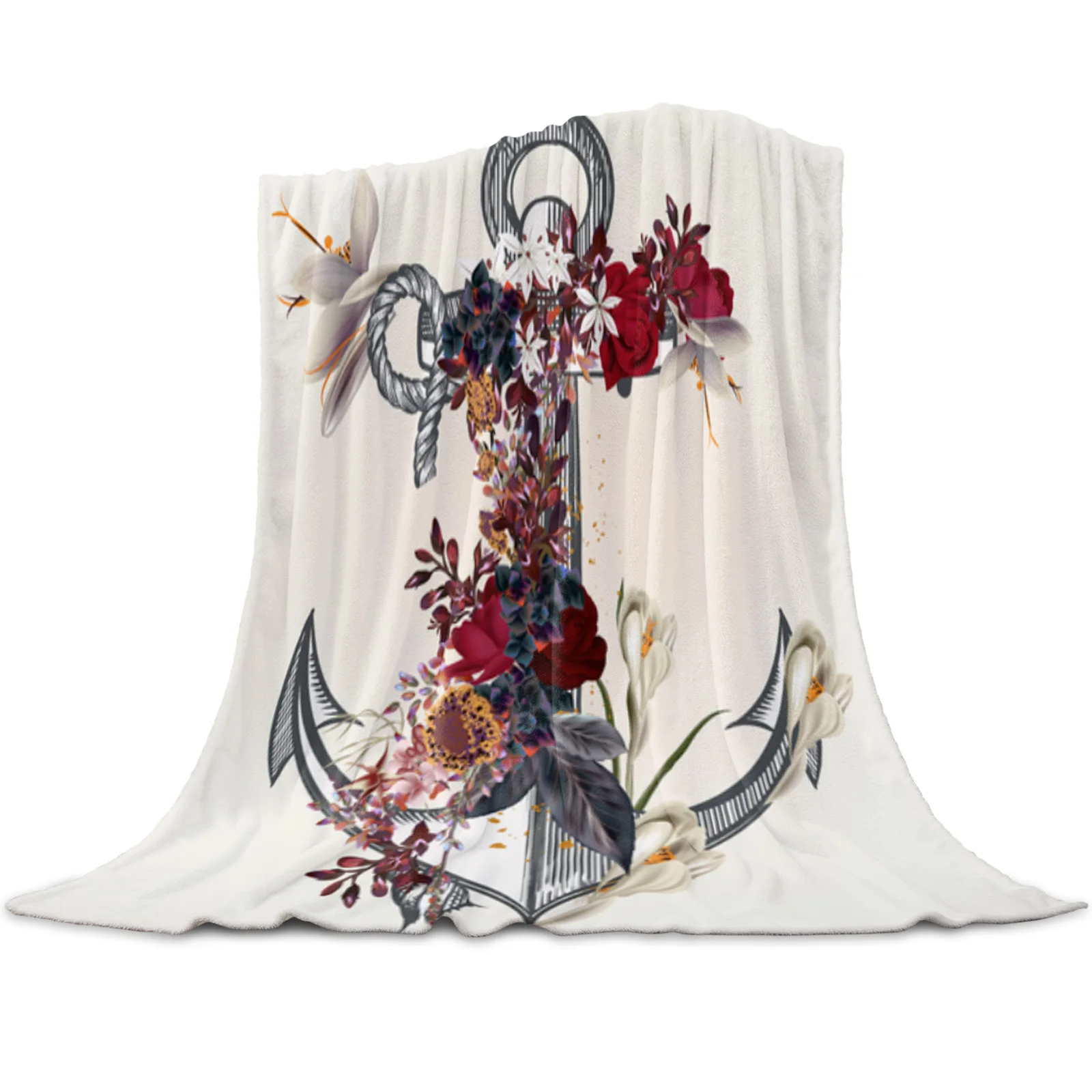 

Anchor Rose Flower Vintage Style Throw Blanket for Sofa Christmas Decor Bedspread Portable Microfiber Flannel Picnic Blanket