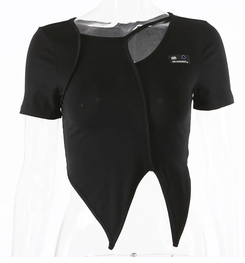 

Kywommnz 2021 Summer Self-made New Black Sexy T-shirt With Split Hem, Women Thin Irregular Collar Label Short Top E2473