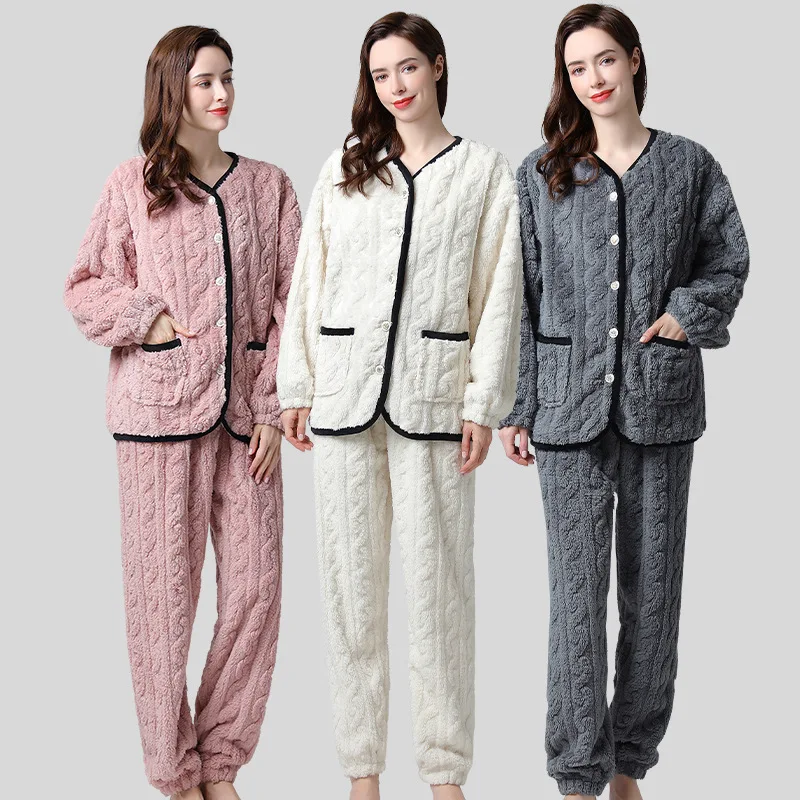 

Женский зимний пижамный комплект, утепленная фланелевая теплая Домашняя одежда, повседневная розовая флисовая одежда для сна, размера плюс