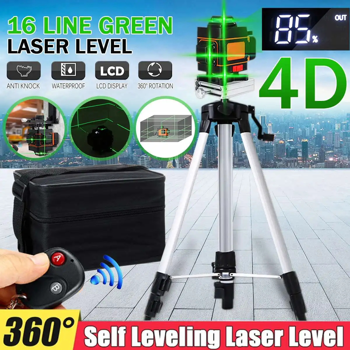 

16 линий 4D лазерный уровень с лазером зеленого цвета светильник светодиодный Дисплей Авто самовыравнивающийся 360 ° Поворотная измерения по ...