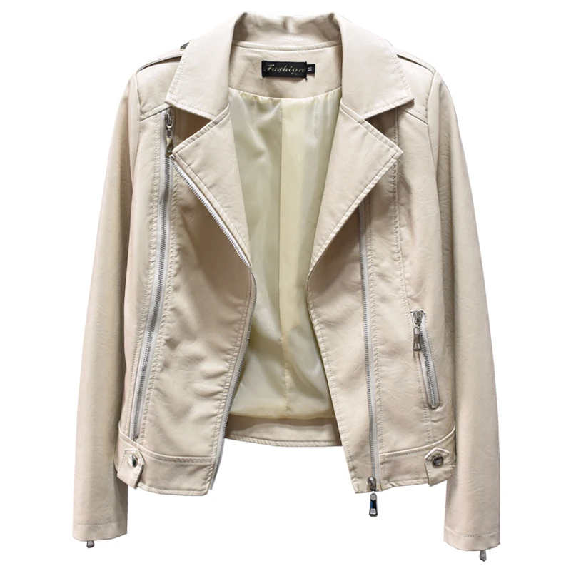

2021 Autumn New Short Jacket Women Femme Long Sleeve Zipper Slim Motorcycle PU Water Wash Leather Coat Ladies Top H1213