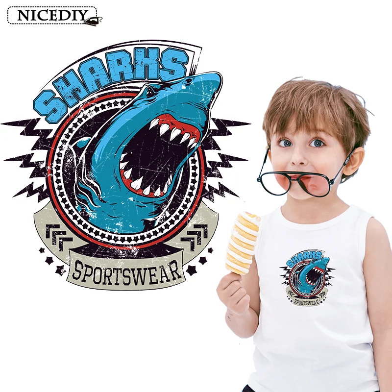DIY Small Fashion Retro Shark Iron On Transfers For Clothes Heat Transfer Vinyl Sticker Printing Patch T-shirts Applique | Дом и сад