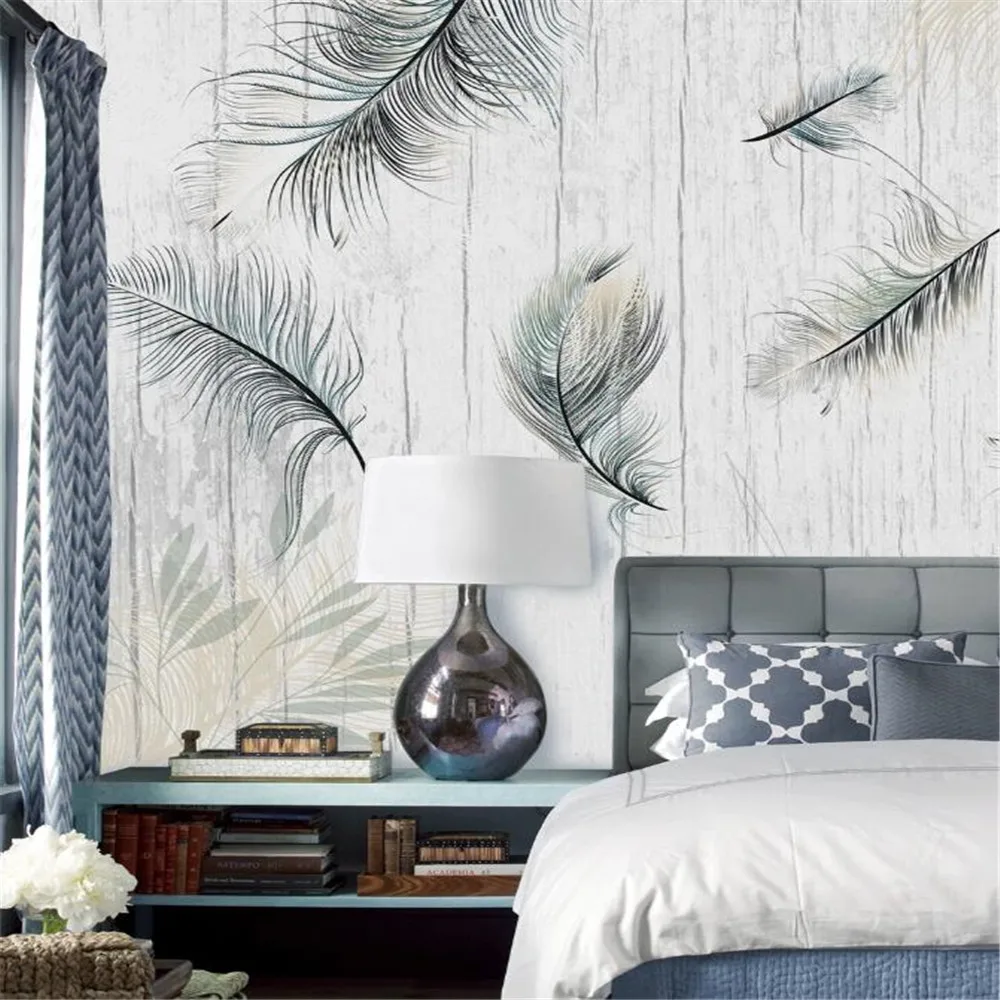 

milofi nordic plant leaf feather modern minimalist plank wood grain wallpaper mural tv background