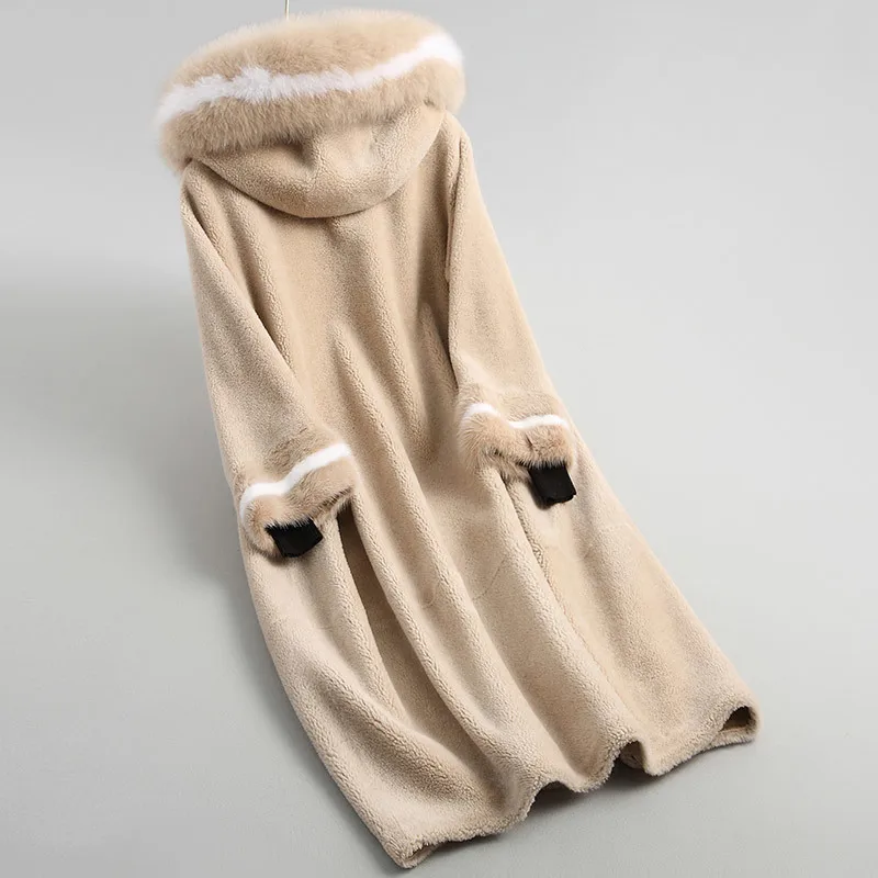 Long Real Fur Jacket Fox Hooded Autumn Winter Coat Women 100% Wool Coats and Jackets Manteau Femme KQN18052-2 | Женская одежда
