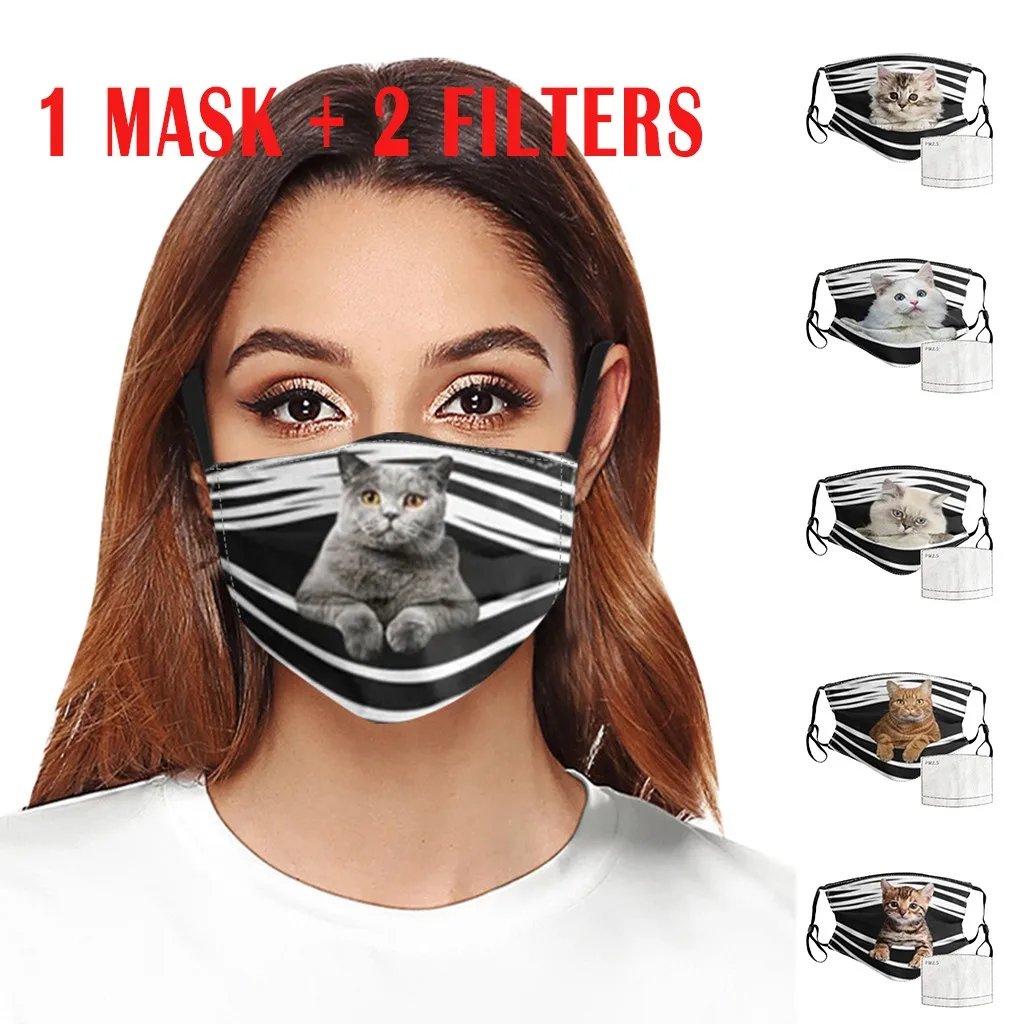1 шт. mondkapjes + 2 фильтра универсальные принты кошек Дышащий моющийся шарф mascarilla Monder