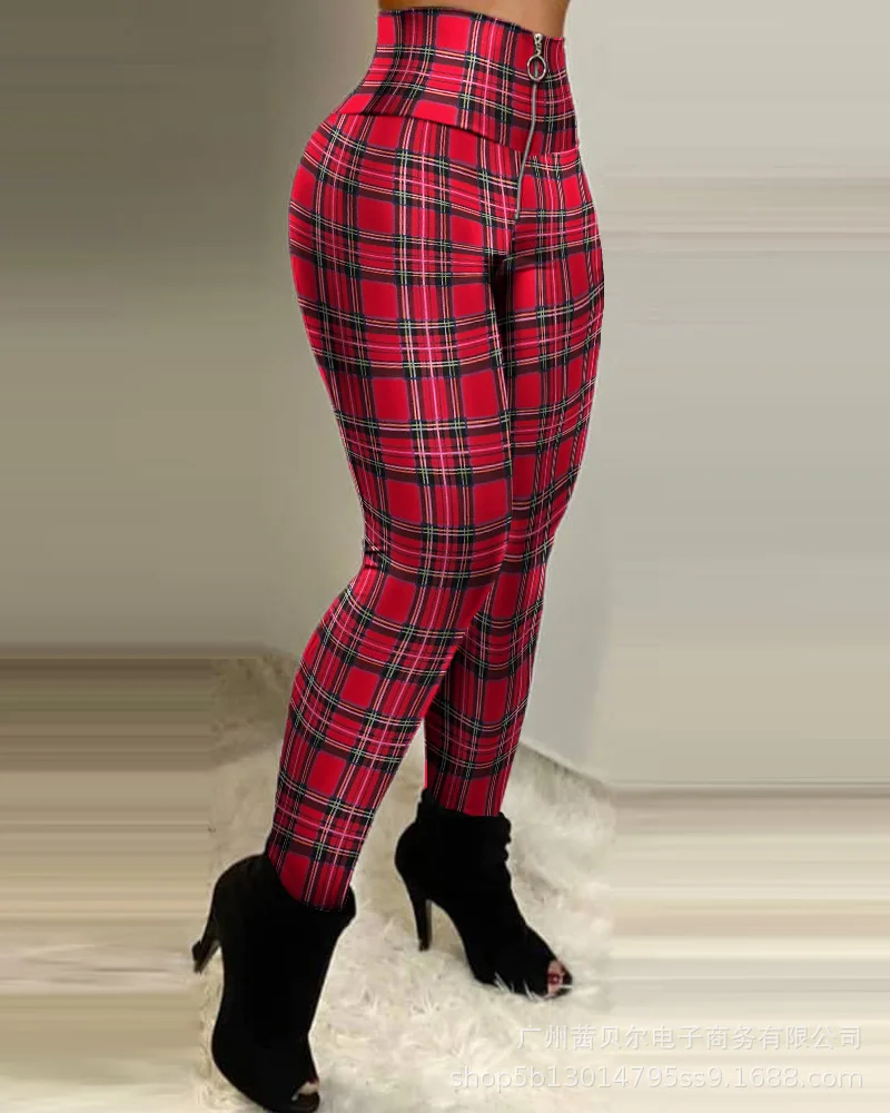 

2021 Summer New Fashion Slim Fit Plaid Printed Skinny Pants pants women