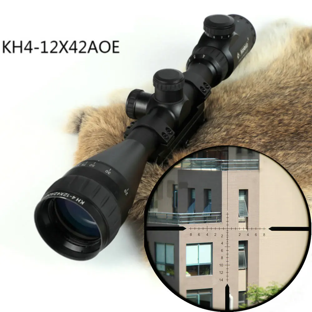 KANDAR KH 4-12x42 AOE Hunting Riflescope Red Illuminated Glass Etched Reticle Sniper Optic Rifle Scope Sight with mount Ring