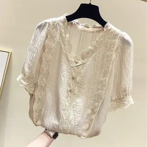 Размера плюс шифон Blusas Feminina Mujer De Moda 2021 Летняя женская одежда кружево, шифоновая блузка, рубашка для девушек, женские кружевные блузки женские топы