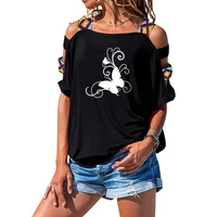 butterfly flower print t shirt fashion women cotton short sleeve sexy hollow out shoulder tee