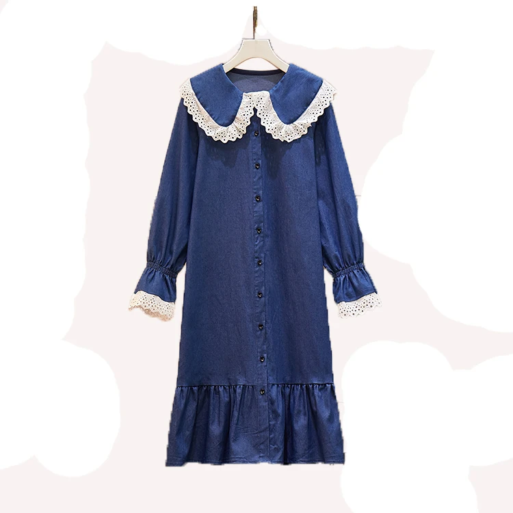 Осеннее длинное свободное платье большого размера с кукольным воротником в