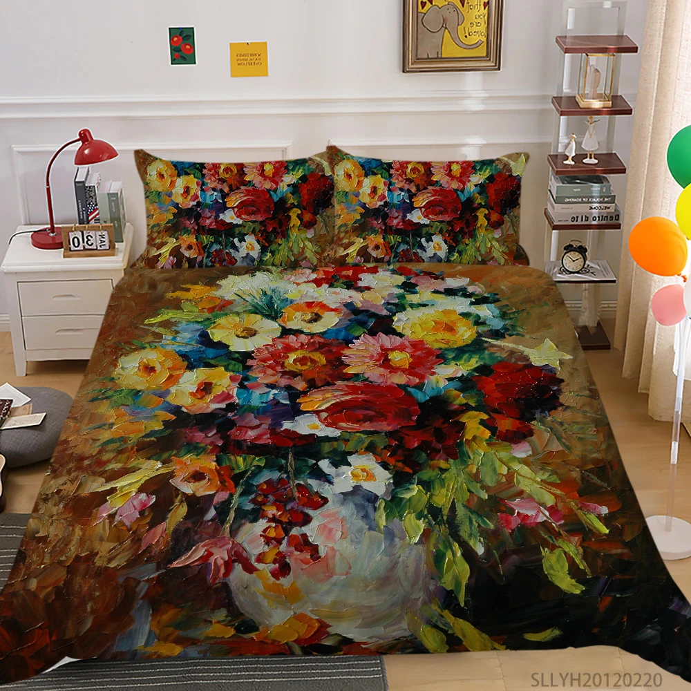 

3D Bedding Set Queen Duvet Cover Bedroom Comforter Set Oil Painting Flowers Modern Home Bed Set Pillowcase 2/3 Pcs Dropship