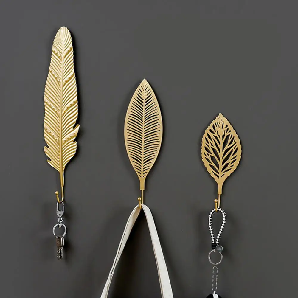 

Nordic Wall Hooks for Hanging Clothes No-punch Wall Coat Key Hook Iron Art Wall Decorations Golden Leaves home storage