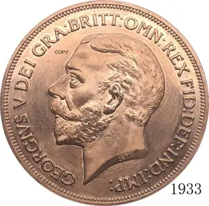 Коллекция 1933 года, портрет короля Джорджа V, 1 пенни, Великобритания, копия монеты из бронзы, красной меди с гладким краем