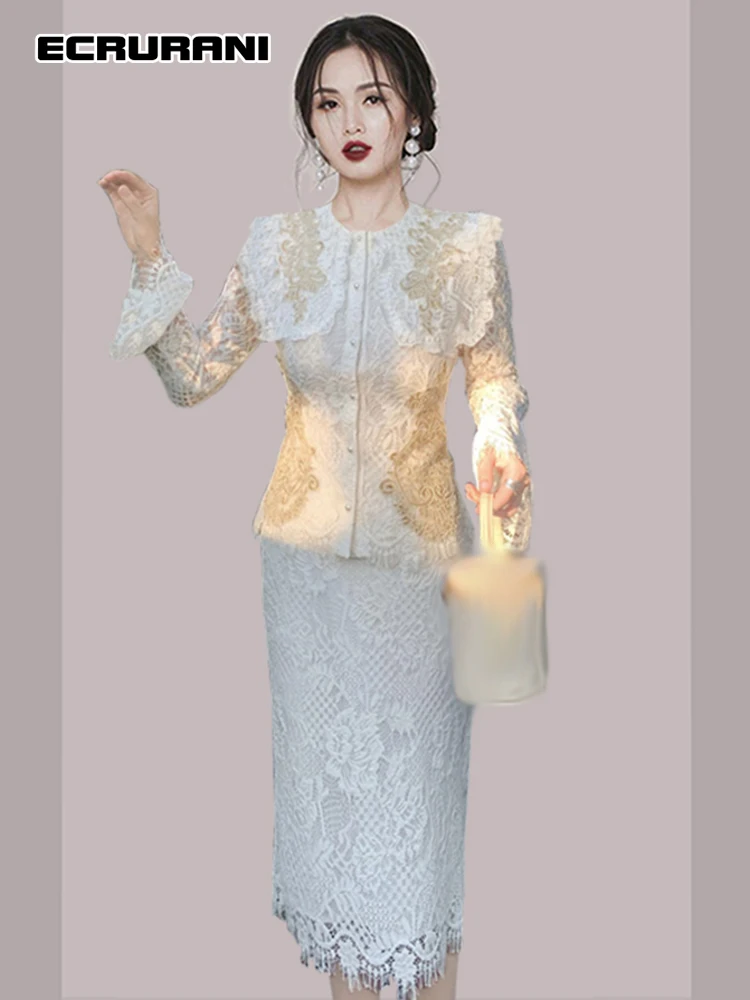 

ECRURANI Vintage Patchwork Lace Two Piece Set Women Round Neck Long Sleeve Top High Waist Slim Midi Skirts Casual Suits 2021 New