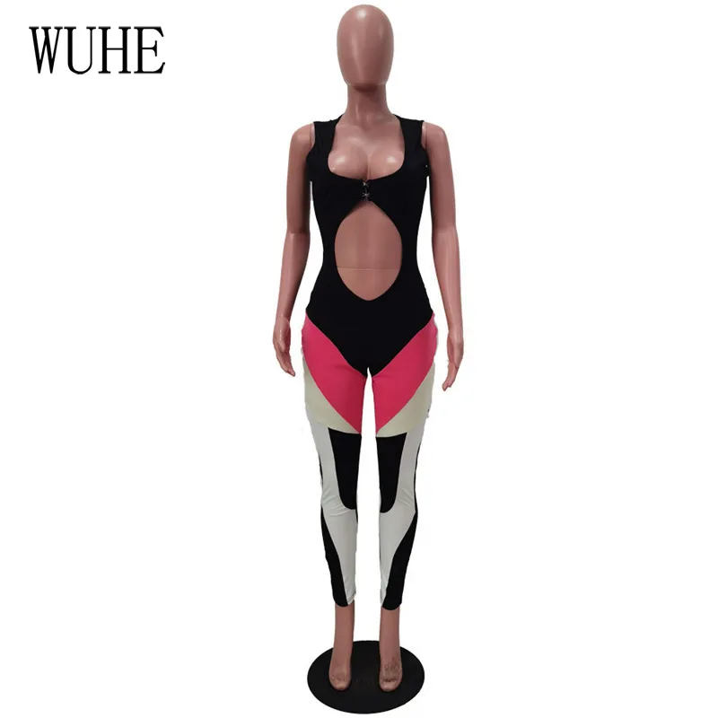 

YEYA Yoga Fitness Sports Jumpsuit Color Block Splice Sleeveless Waist Band Cut Out Square Collar Skinny Nightclub Casual Workout