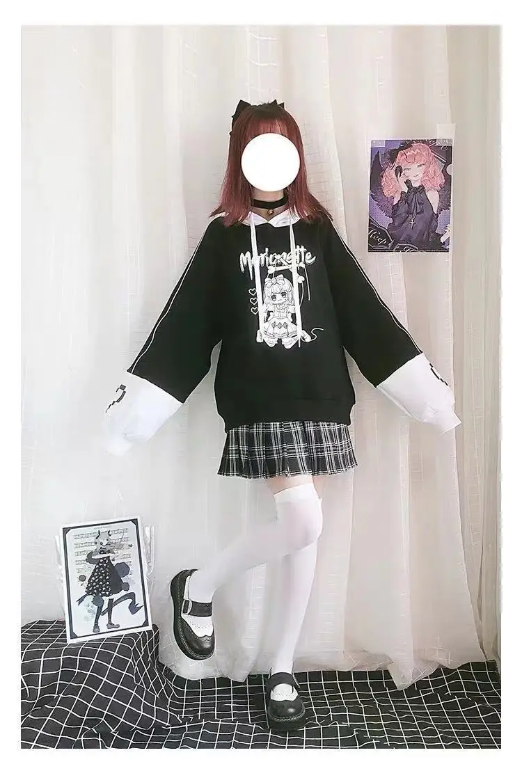 

Deeptown Gothic Hoodie Women 2021 Fashion Print Sweatshirt Women Plus Velvet Long Sleeve Tops Loose Casual Black Pullover