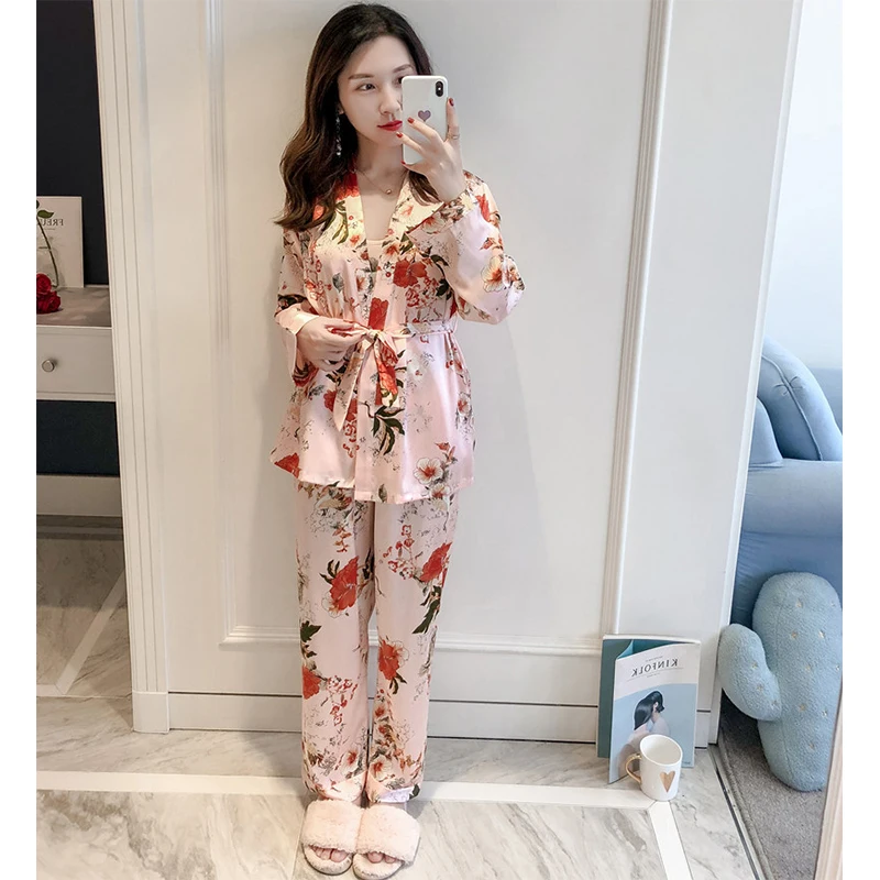 2020 New 3 PCS Women Pajamas Sets with Pants Sexy Pyjama Satin Flower Print Nightwear Silk Negligee Sleepwear | Женская одежда