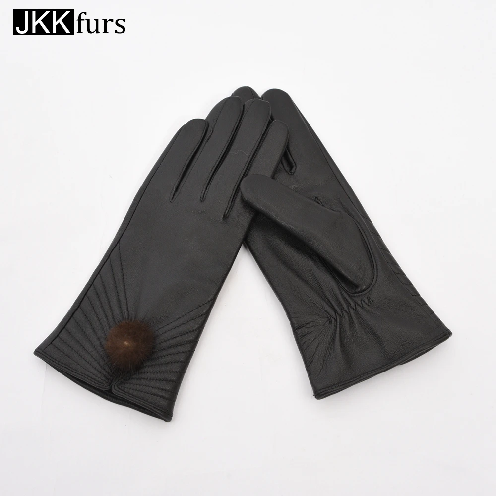 

Lady Fashion Leather Glove With Real Mink Fur Ball Elegant Genuine Sheepskin Mitten Touch Screen SL1008