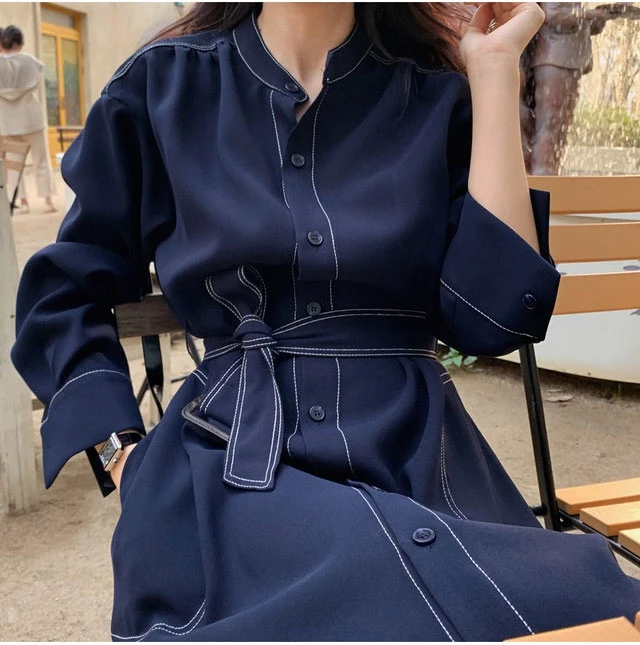 

Vintage Chic Korean Style Elegant Dresses Women Spring Single Breasted Sashes Women's Long Dress