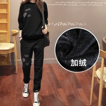 Black Winter S-6XL, женская спортивная одежда, спортивные костюмы, весна, осень, зима, повседневные, плюс бархат, Толстая Толстовка+ штаны, комплекты для женщин размера плюс - Цвет: Black Winter