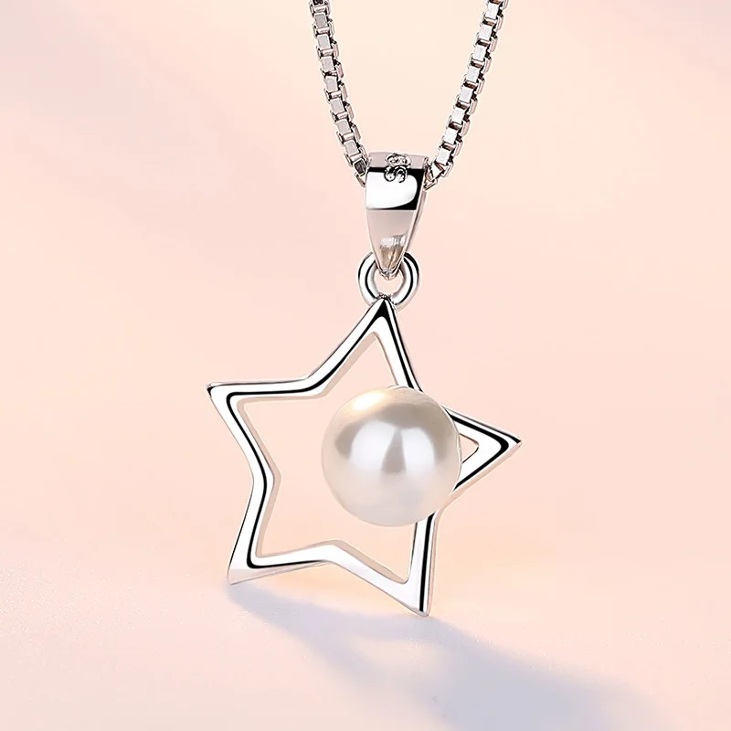 

925 Sterling Silver Woman Fashion Jewelry High Quality Star Necklace Pentagram Pearl Necklace Pendant Popular Length 45