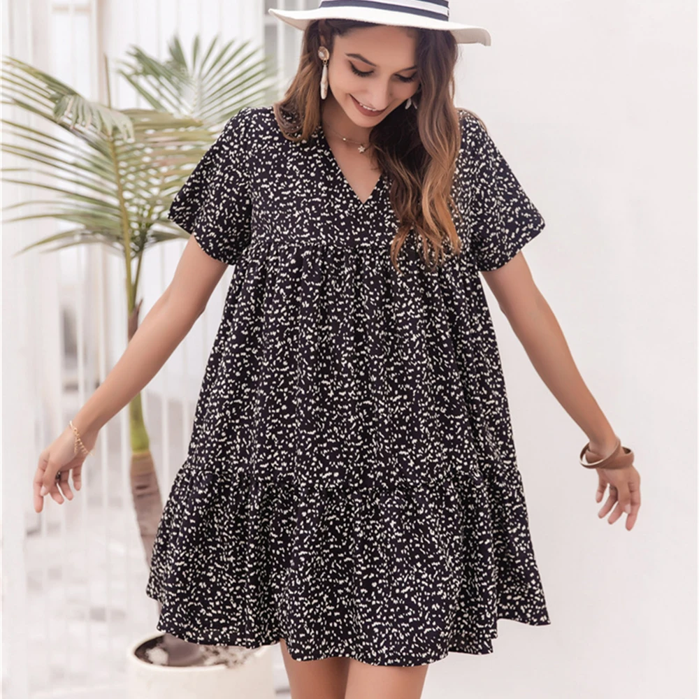 

New Ladies Dot Print Summer Dress Women Loose Sexy Ruffles Short V Neck Casual Elegant Sundress Women Mini Dress Female Vestidos