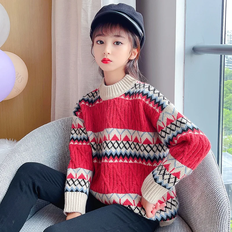 

2021 autumn new children's wear girls' sweater middle school children's Retro stripe Korean casual bottomed sweater 7-12 years
