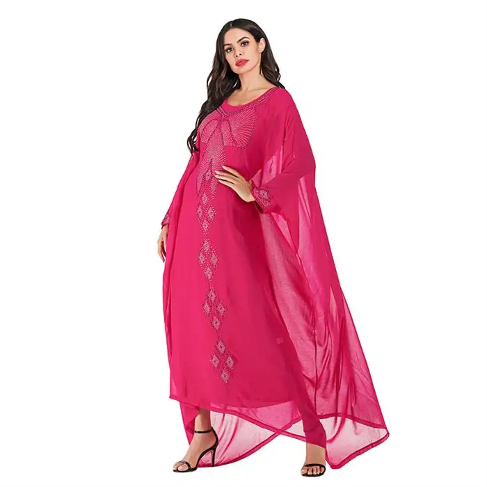 Siskakia Vintage Ethnic Abaya Dress Fashion Batwing Sleeve O Neck Hot Fix Rhinestone Dressing Gowns Rose Red Plus Size for Women - Цвет: Red abaya