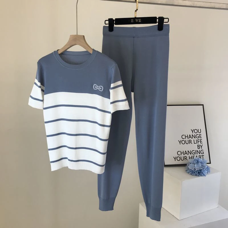

Casual Butterfly Contrast Short Sleeve Knitted 2 Piece Sets Women Summer Tops+pants Ankle-length Suit Stripe Elastic Tracksuits