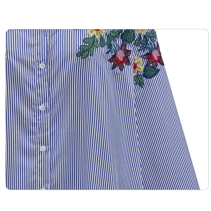 

Spring Women's Turn Down Collar Long Sleeve Emrbroidery Shirts Plus Size L-4XL Striped Button Up Tops Spring Autumn T14412X