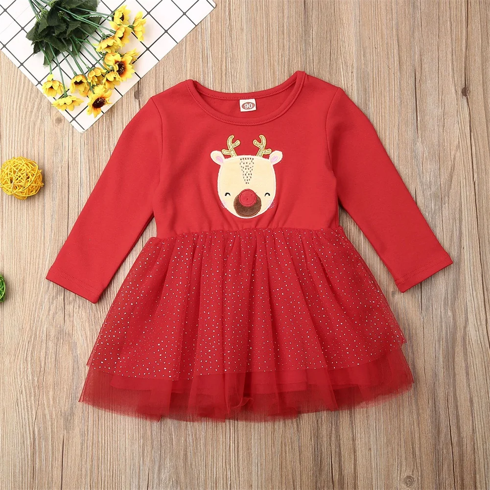 Emmababy, коллекция года, рождественское красное платье с оленем для маленьких девочек, рождественское хлопковое платье с длинными рукавами+ кружевное Повседневное платье-пачка праздничная одежда