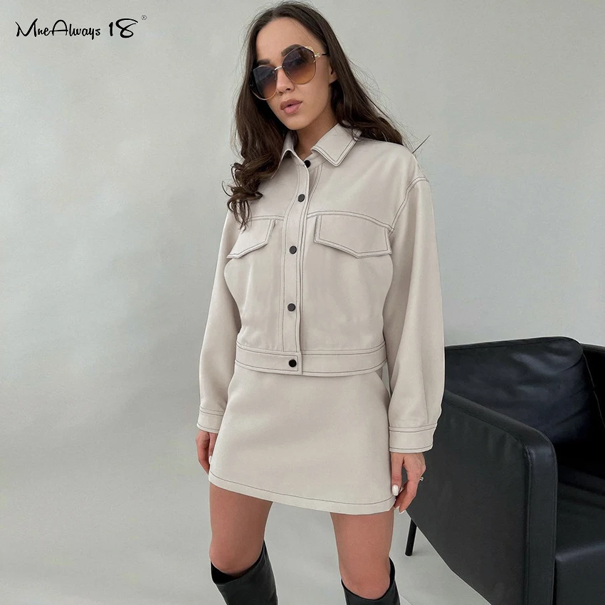 

Mnealways18 однобортный женский комплект из 2 предметов рубашка и юбка Повседневная бежевая юбка с карманами Женский комплект из двух предметов ...