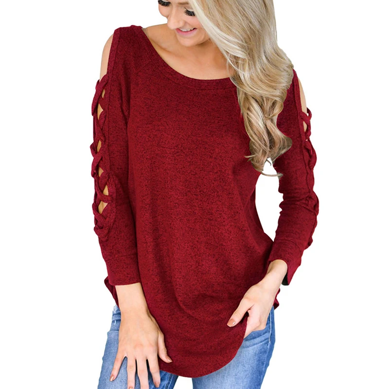 

2019 Autumn Women T Shirt Fashion O Neck Long Sleeve Solid Shirt Casual Loose Cross Hollow Out Shirt Tee Tops Female Plus Size