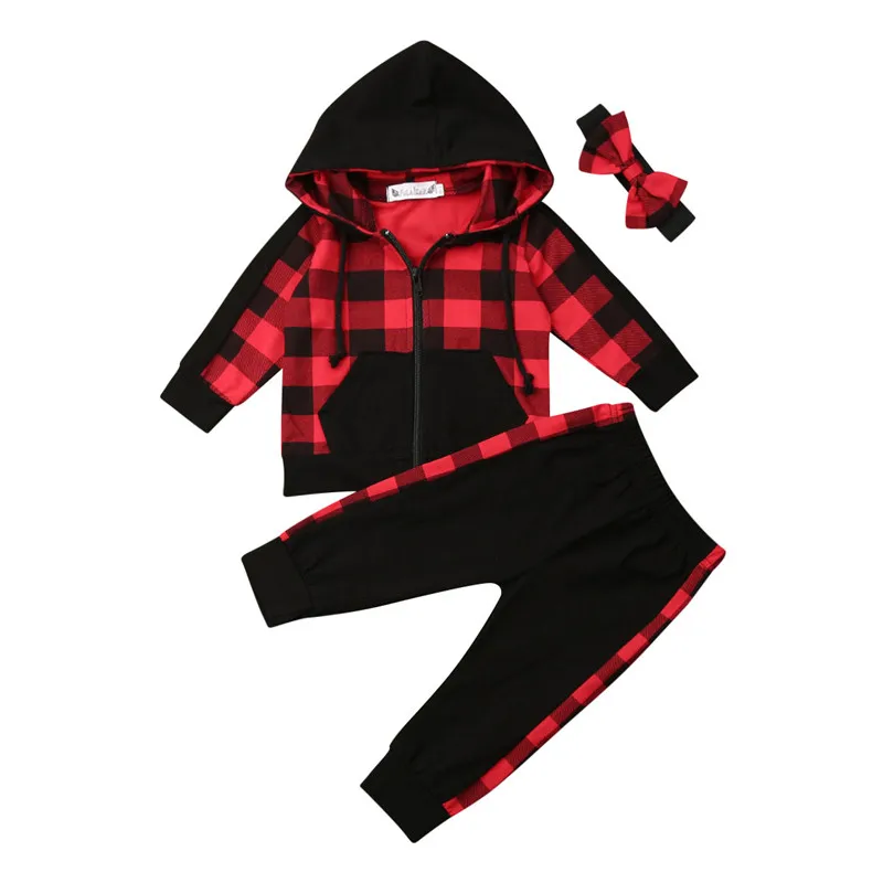 

3PCS Toddler Baby Girl Winter Clothes Hooded Plaid Zipper Coat Top+Long Pants Outfit